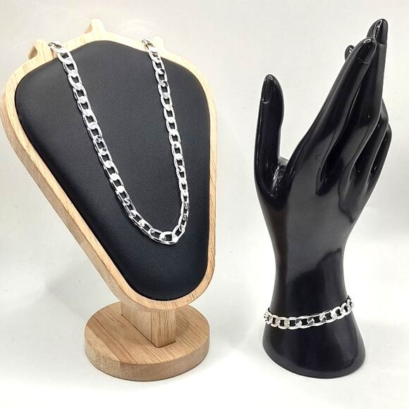 925 Silver Necklace & Bracelet Cuban Fashion Set Anniversary Birthday Gift NEW - Picture 1 of 6
